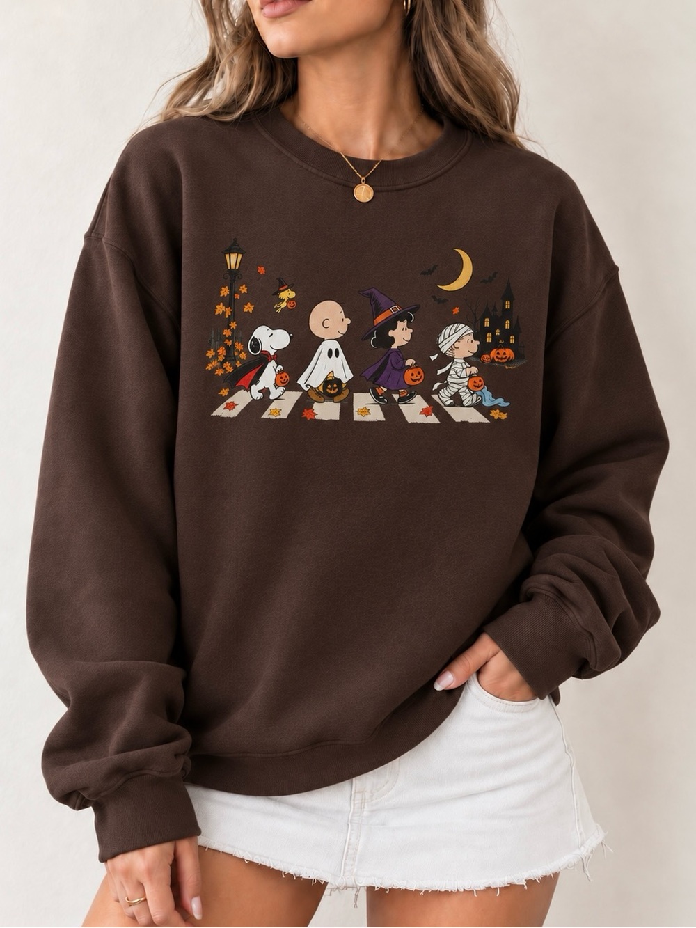 Peanuts Gang Halloween Crossing Brown Spooky Fall Aesthetic Gildan Sweatshirt